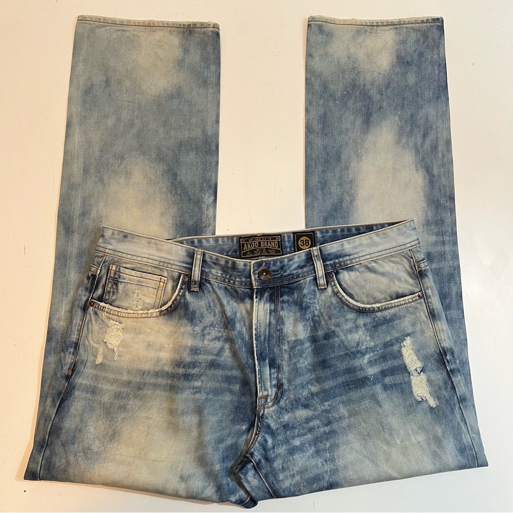 Akoo Brand Distressed Light Wash Straight Leg Jeans - Size 38